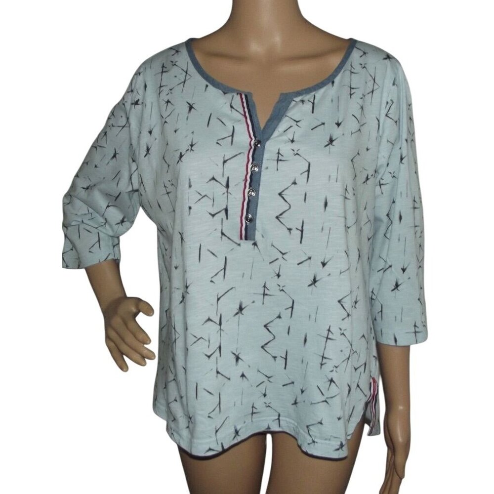 Ambria Henley Shirt Womens Size 14 Blue 3/4-Sleeve V-Neck Cotton Casual